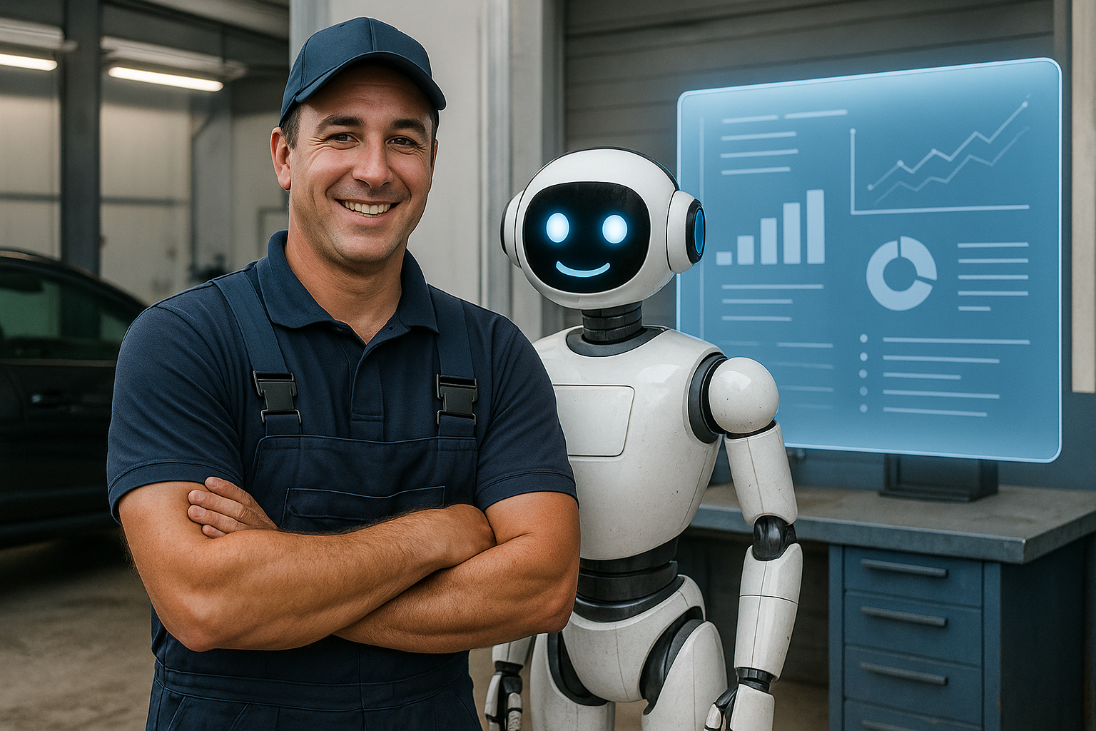 20251022 0831 garage technician with robot remix 01k85ya056eq9r6ajfvgrf1wcd