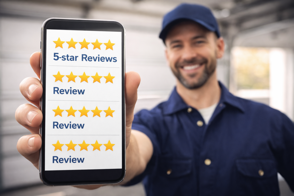 Technician holding a phone with multiple 5 star reviews