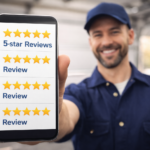 Technician holding a phone with multiple 5 star reviews
