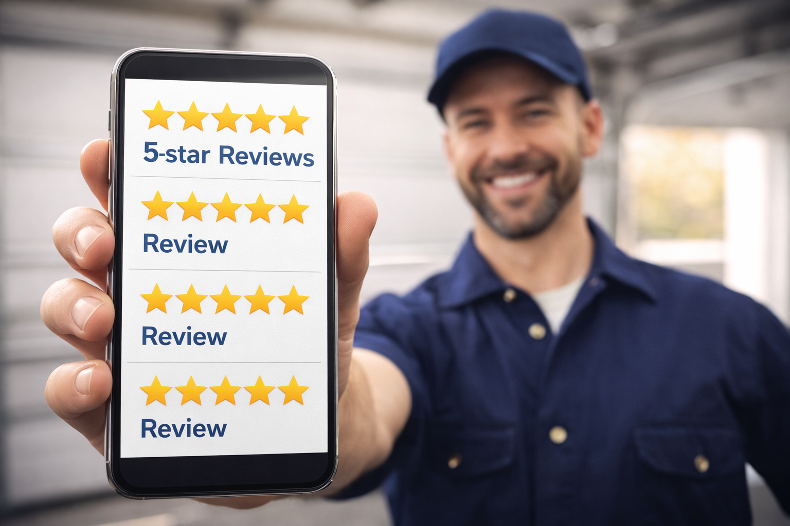 Technician holding a phone with multiple 5 star reviews