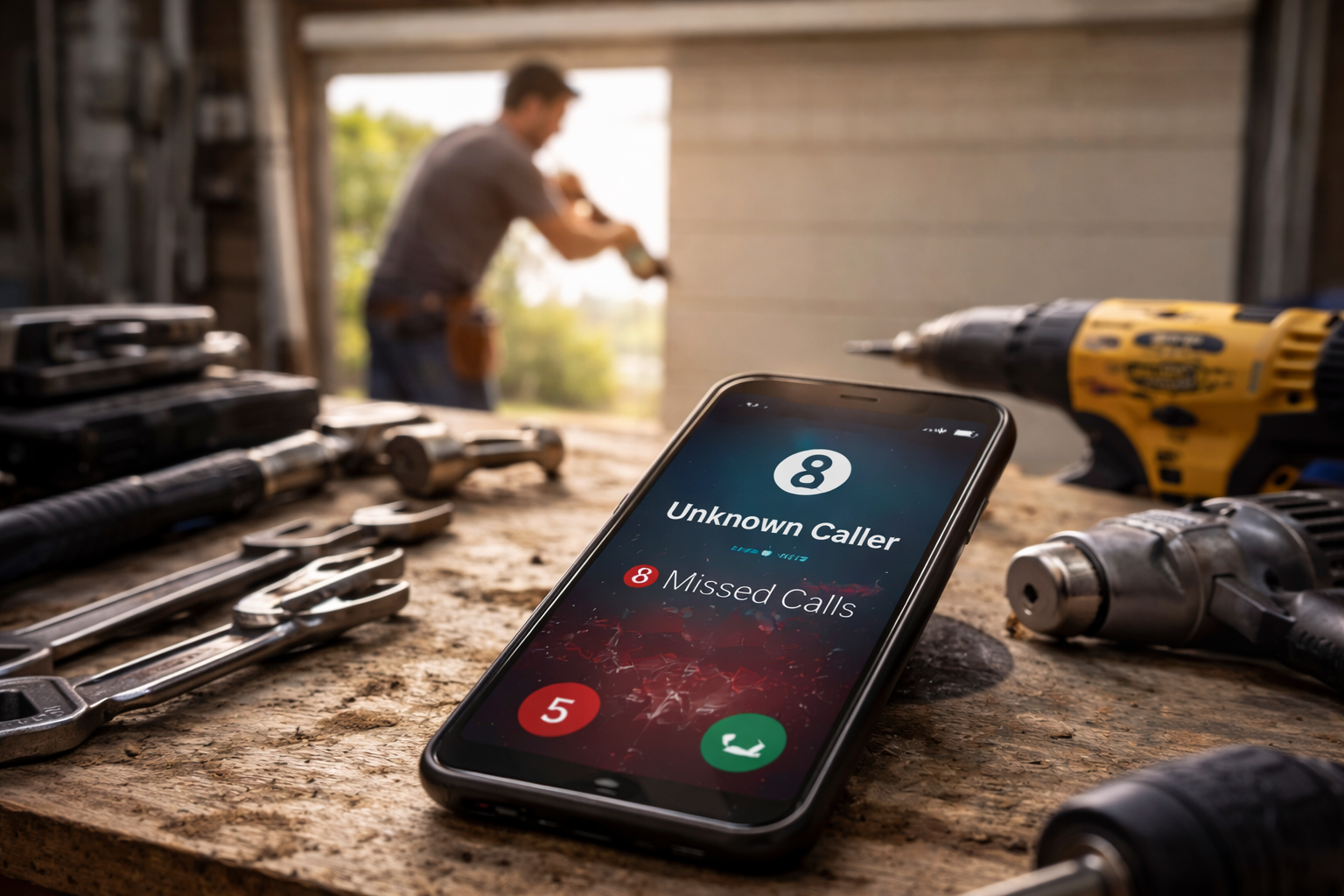 Phone on workbench showing 8 missed calls